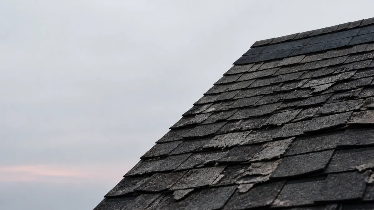 Close-up of an aging asphalt shingle roof with worn, cracked shingles under an overcast sky.