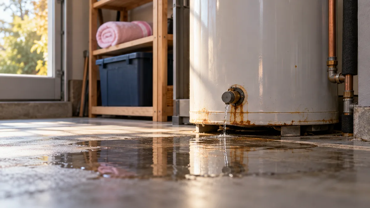 An older tank water heater in a garage leaking from its drain valve into a puddle on the concrete floor.