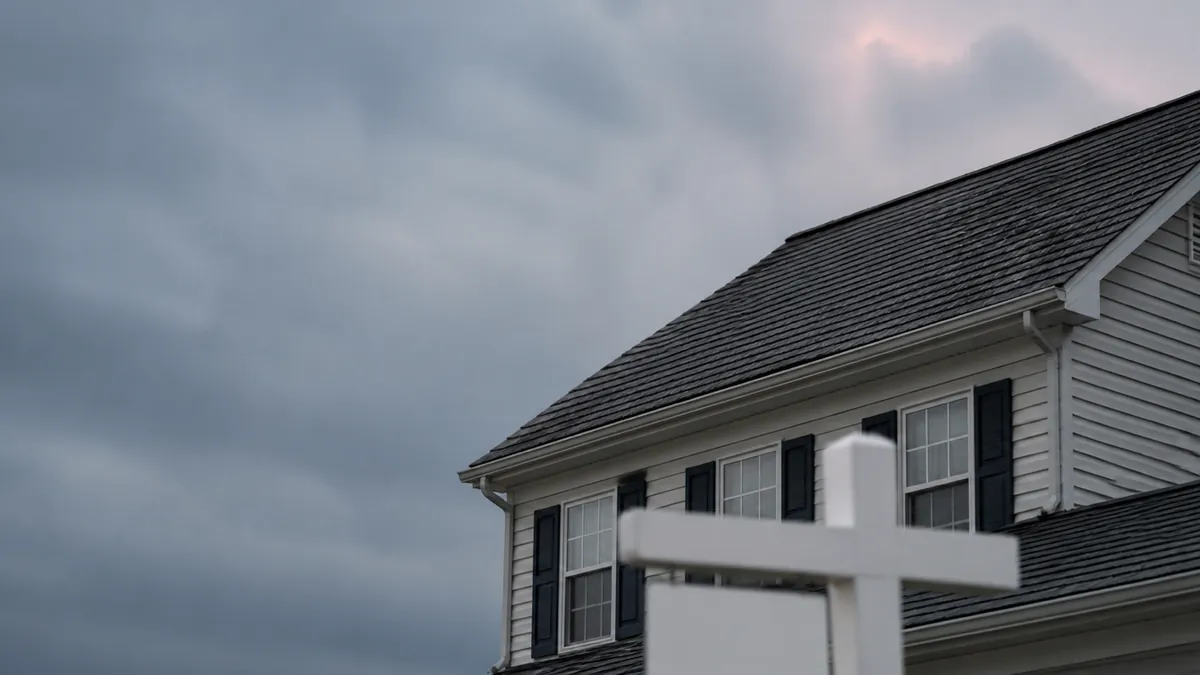 A two-story house with dark shutters under heavy storm clouds, with a real estate sign in the front yard.