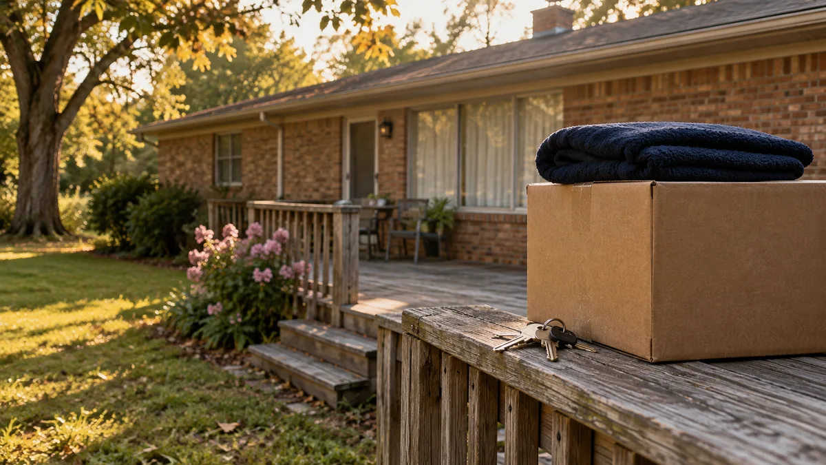 A brick ranch house with a weathered deck, with a moving box, a folded navy blanket and a set of keys on the rail.