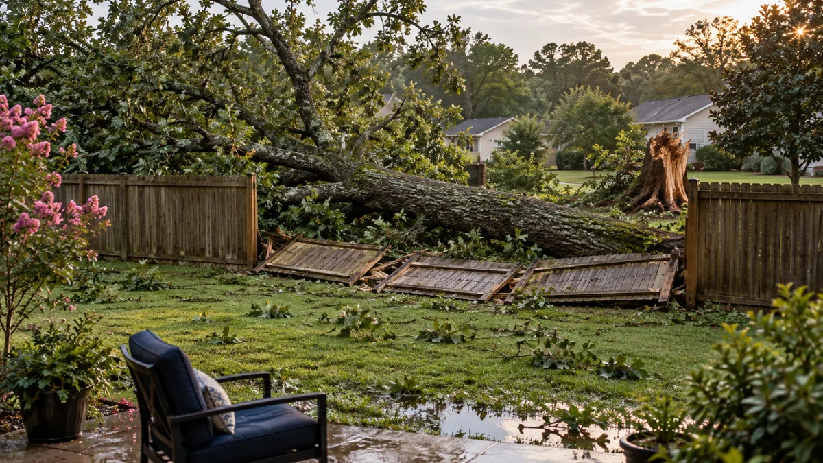 A large oak lying across a broken wooden privacy fence in a backyard after a storm, with a navy patio chair in the foreground.