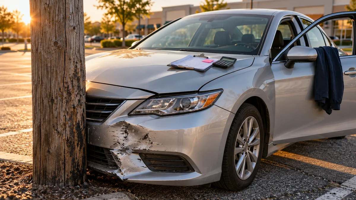 A silver sedan with a damaged front bumper stopped against a wooden utility pole in a parking lot at sunset.