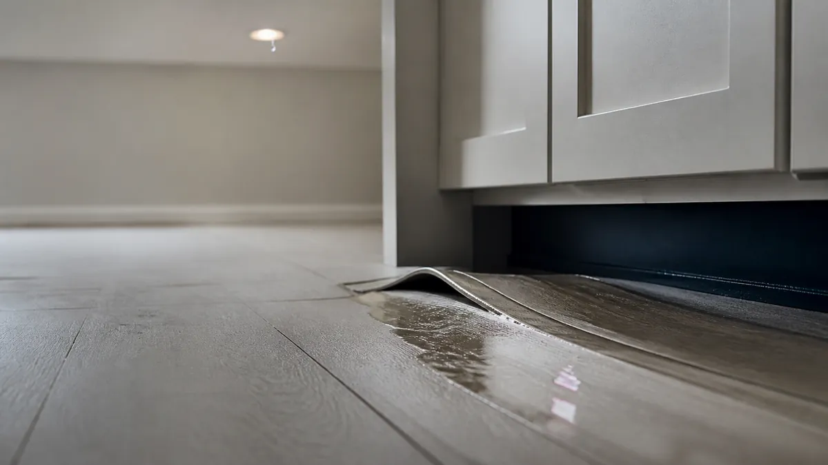 Water pooled under warped flooring at the base of a kitchen cabinet.