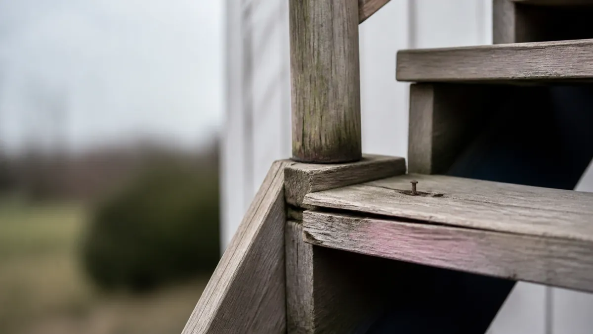 A weathered wooden stair and railing post on the side of a house, shown close up.