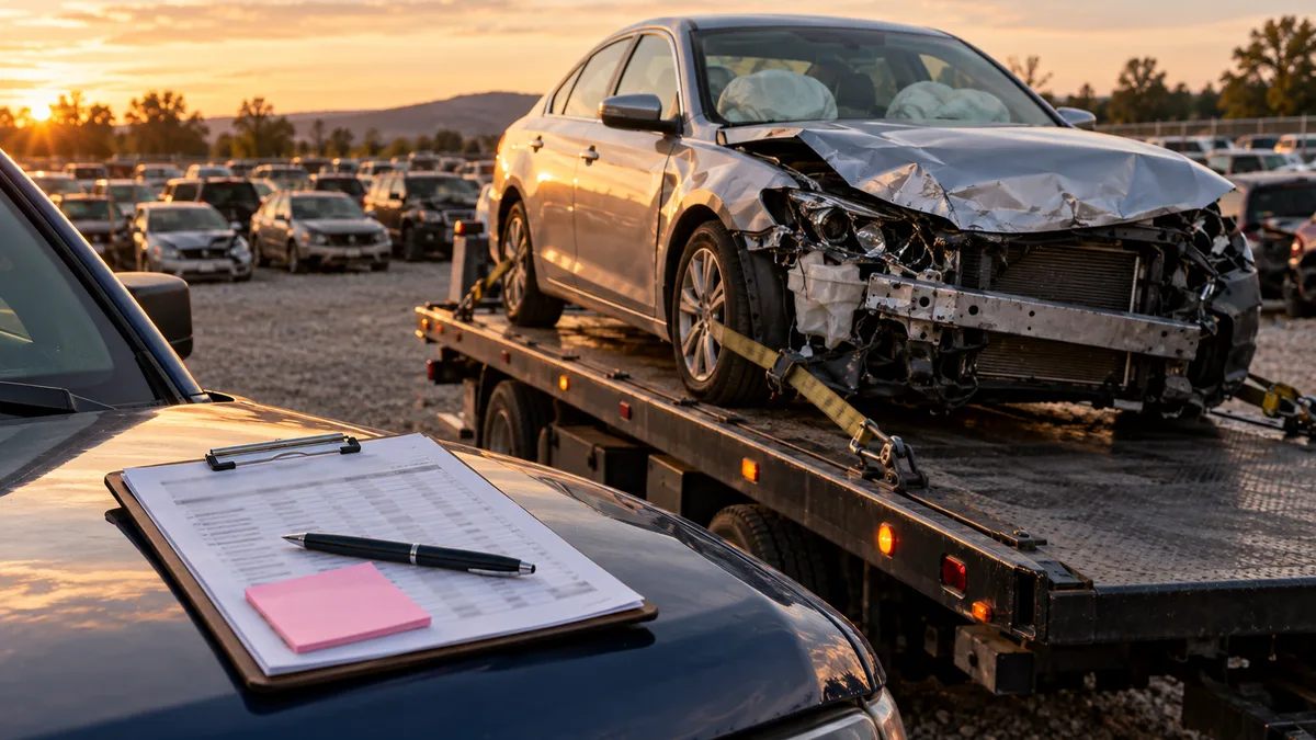 A silver sedan with a crushed front end strapped to a tow truck flatbed in a salvage lot at sunset, with a clipboard on a navy hood.
