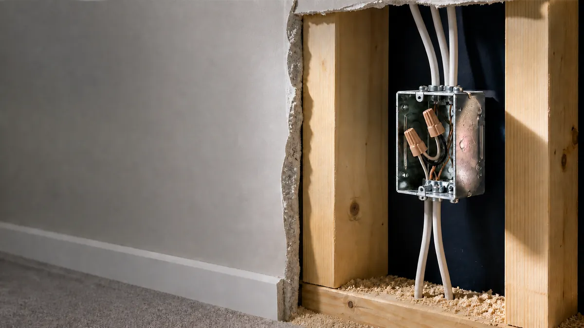 An open wall cavity showing wiring and an electrical junction box, next to finished drywall and baseboard.