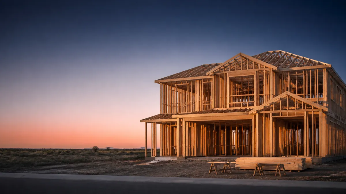 The wood framing of a two-story house under construction at dusk.