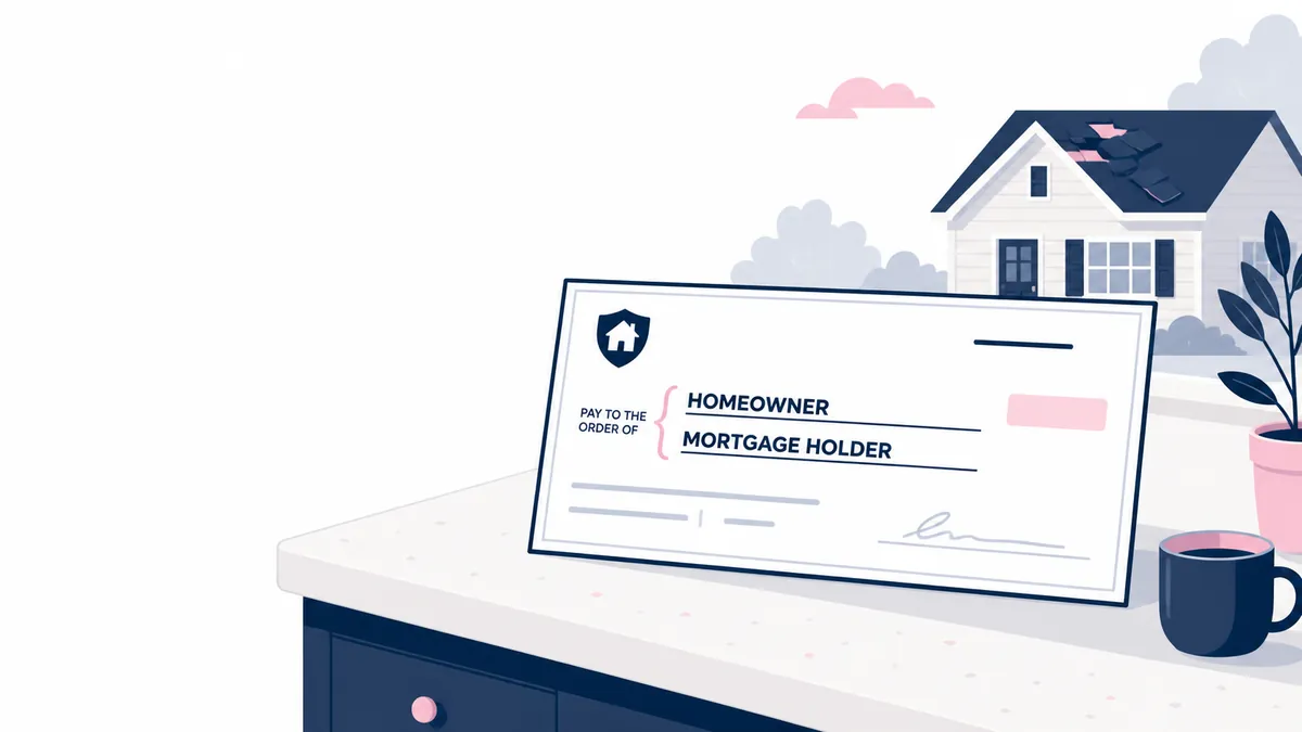 An illustration of an insurance check made out to the homeowner and the mortgage holder, with a house behind it.